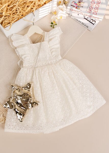Çantalı Fiyonklu 100% Pamuk Şık Özelgün  Kız Çocuk Elbise Krem