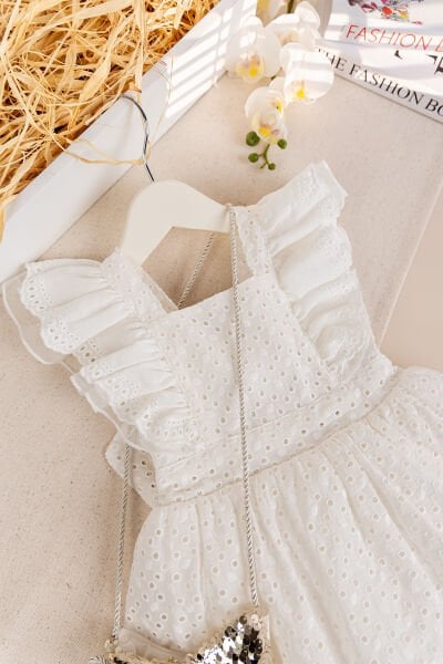 Çantalı Fiyonklu 100% Pamuk Şık Özelgün  Kız Çocuk Elbise Krem