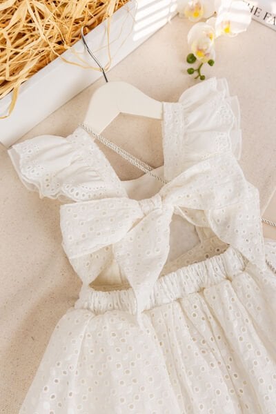 Çantalı Fiyonklu 100% Pamuk Şık Özelgün  Kız Çocuk Elbise Krem