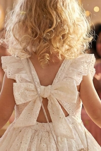 Çantalı Fiyonklu 100% Pamuk Şık Özelgün  Kız Çocuk Elbise Krem