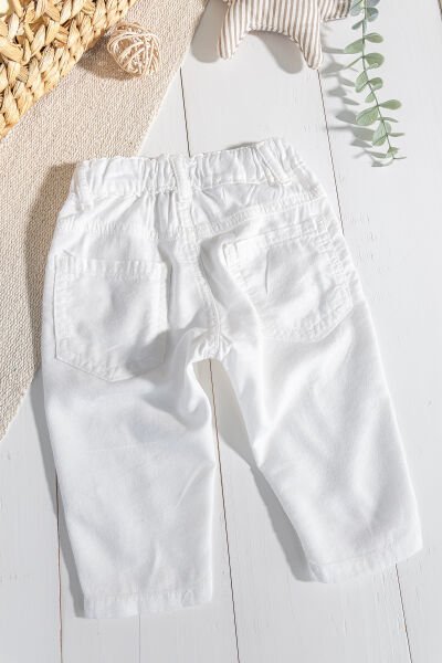 Düğmeli Beli Lastikli Erkek Bebek Keten Pantolon BEYAZ -  12-18 AY