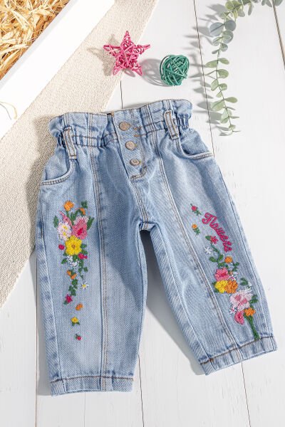 Çiçek İşlemeli Beli Lastikli Kız Bebek Kot Pantolon MAVİ -  9-12 AY
