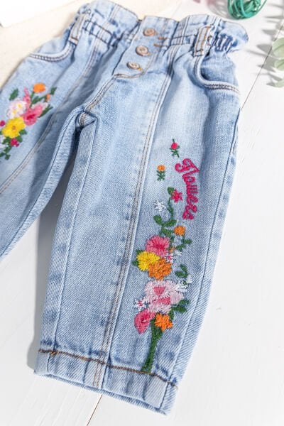 Çiçek İşlemeli Beli Lastikli Kız Bebek Kot Pantolon MAVİ -  9-12 AY