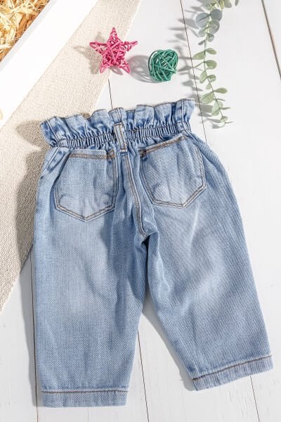 Çiçek İşlemeli Beli Lastikli Kız Bebek Kot Pantolon MAVİ -  9-12 AY