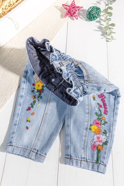 Çiçek İşlemeli Beli Lastikli Kız Bebek Kot Pantolon MAVİ -  9-12 AY