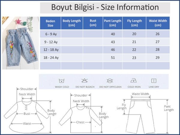 Çiçek İşlemeli Beli Lastikli Kız Bebek Kot Pantolon MAVİ -  9-12 AY
