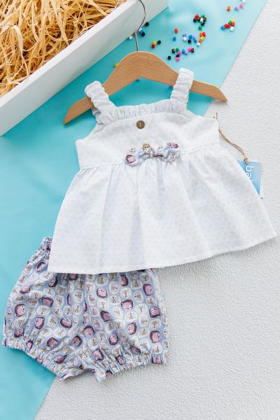 Kedi Figürlü Yazlık İkili Kız Bebek Elbise Takım