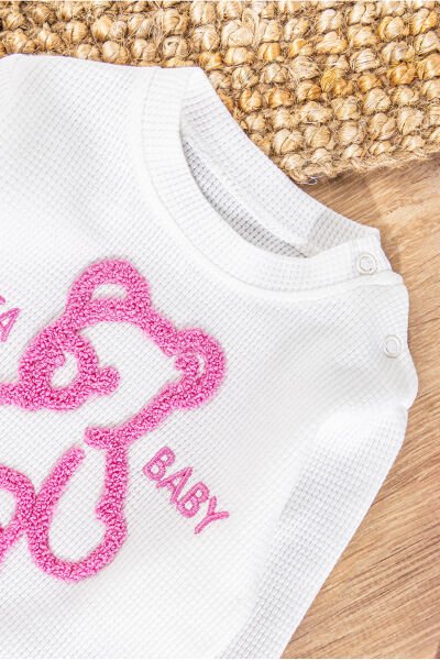 Ayıcık Figürlü Bandanalı 3'lü Kız Bebek Takım PEMBE -  9-12 AY