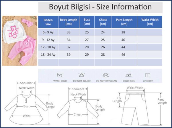 Ayıcık Figürlü Bandanalı 3'lü Kız Bebek Takım PEMBE -  12-18 AY