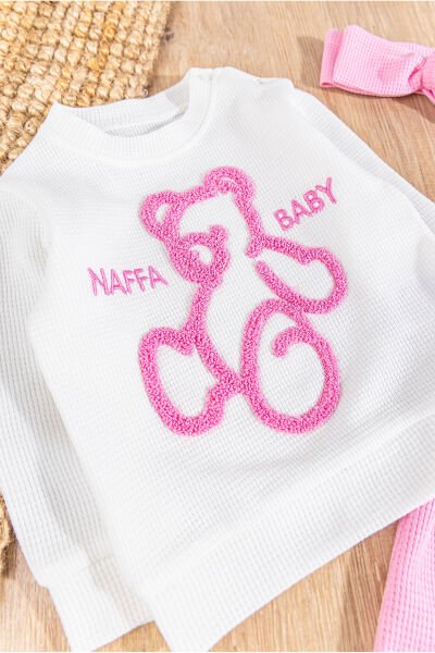 Ayıcık Figürlü Bandanalı 3'lü Kız Bebek Takım PEMBE - 18-24 AY