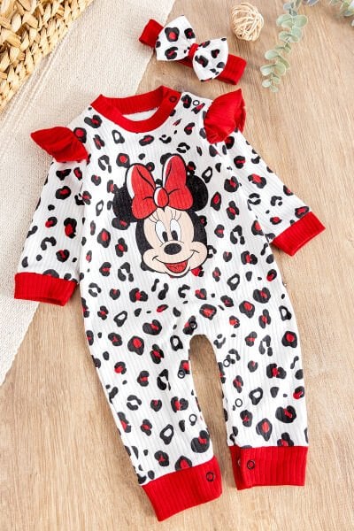 Fiğürlü Bandanalı Pamuk Kız Bebek Tulum Kırmızı