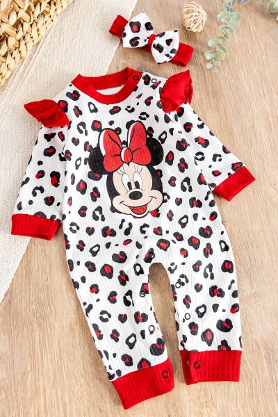 Fiğürlü Bandanalı Pamuk Kız Bebek Tulum Kırmızı