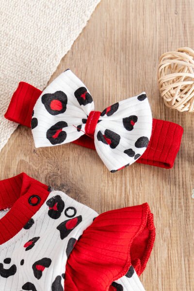 Fiğürlü Bandanalı Pamuk Kız Bebek Tulum Kırmızı