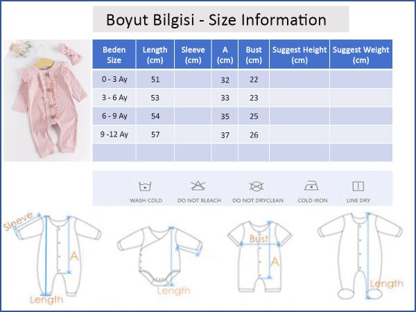 Fırfırlı Önden Düğmeli Bandanalı Kız Bebek Tulum PUDRA - 3-6 AY