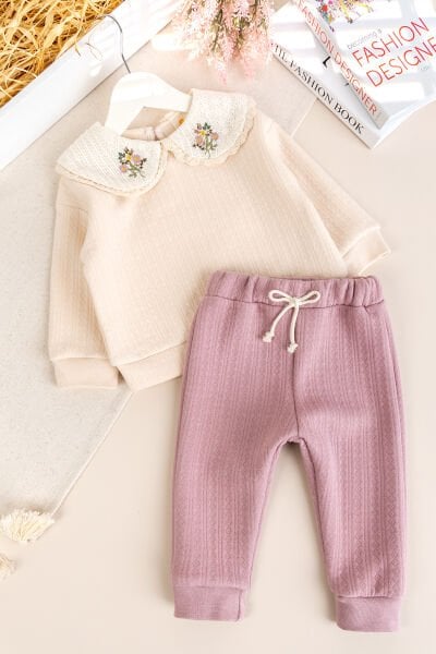 Bebe Yaka Çiçek İşlemeli 2'li Kız Bebek Takım Set