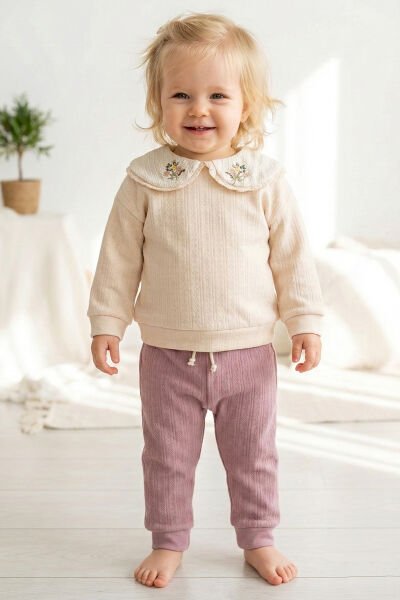 Bebe Yaka Çiçek İşlemeli 2'li Kız Bebek Takım Set