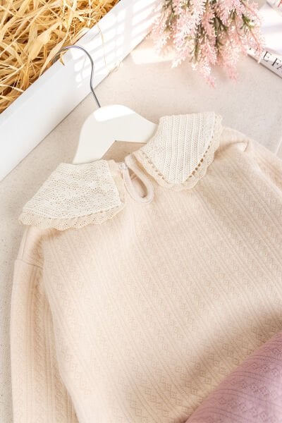 Bebe Yaka Çiçek İşlemeli 2'li Kız Bebek Takım Set