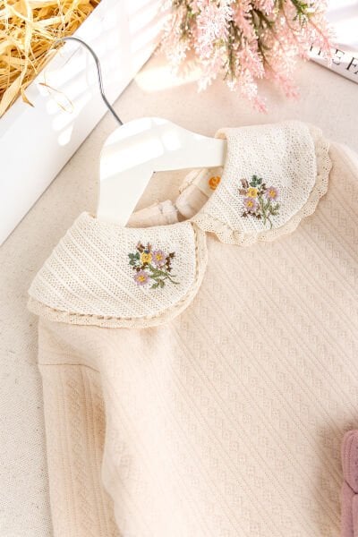 Bebe Yaka Çiçek İşlemeli 2'li Kız Bebek Takım Set