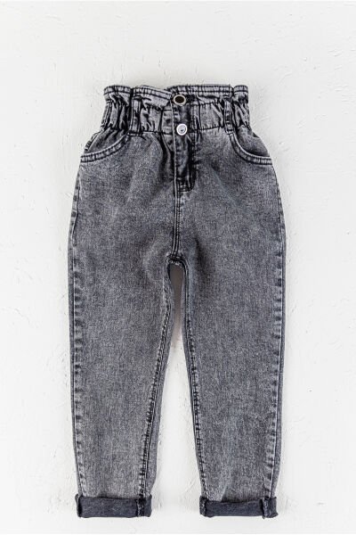 Yüksek Bel Kız Çocuk Kot Pantolon Çocuk Jean Füme - 5 Yaş