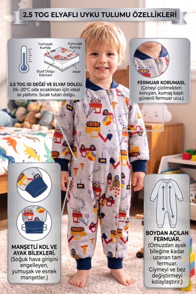 Araba Desenli 2.5 Tog Elyaf Dolgulu Premium Kaliteli Erkek Çocuk Uyku Tulumu