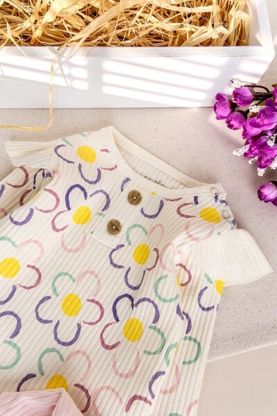 Çiçek Desenli 100% Pamuk Kız Bebek Pijama Takımı