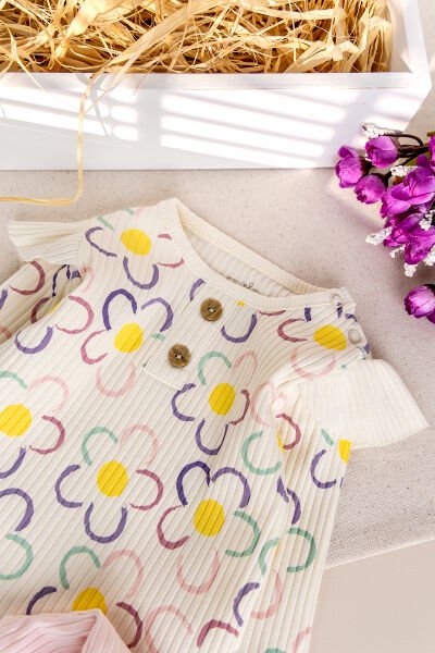 Çiçek Desenli 100% Pamuk Kız Bebek Pijama Takımı