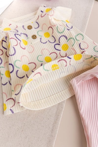 Çiçek Desenli 100% Pamuk Kız Bebek Pijama Takımı
