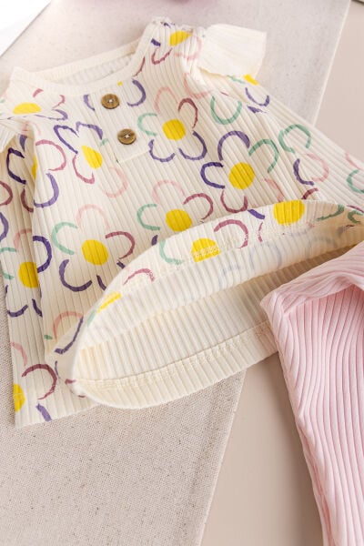 Çiçek Desenli 100% Pamuk Kız Bebek Pijama Takımı