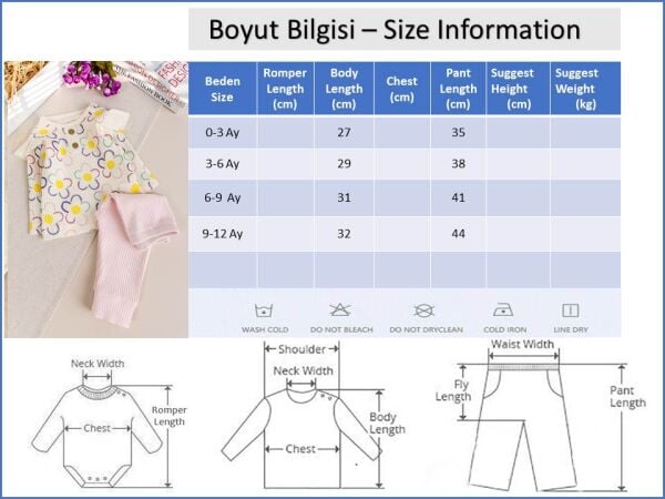 Çiçek Desenli 100% Pamuk Kız Bebek Pijama Takımı