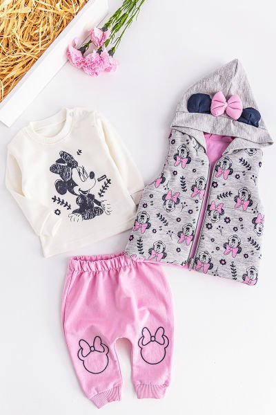 Minnie Mouse Figürlü Kapüşonlu Yelekli 3 Parça Kız Bebek Takım
