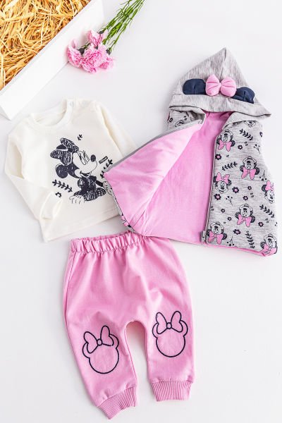 Minnie Mouse Figürlü Kapüşonlu Yelekli 3 Parça Kız Bebek Takım