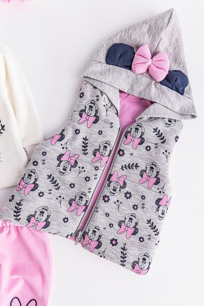 Minnie Mouse Figürlü Kapüşonlu Yelekli 3 Parça Kız Bebek Takım