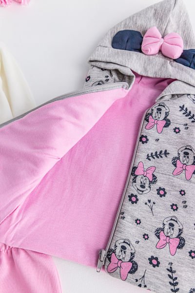 Minnie Mouse Figürlü Kapüşonlu Yelekli 3 Parça Kız Bebek Takım