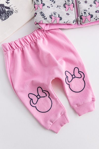 Minnie Mouse Figürlü Kapüşonlu Yelekli 3 Parça Kız Bebek Takım