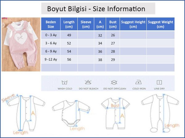 Kalp Desenli Fiyonklu Kız Bebek Tulum Salopet Takım PUDRA -  0-3 AY