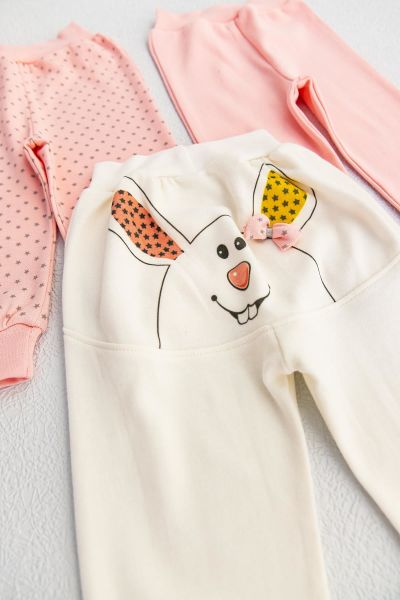 Tavşan Figürlü Patiksiz Üçlü Kız Bebek Tek Alt Pantolon Takım