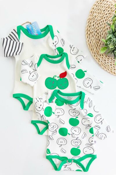 Elma Temalı Üçlü Bebek Çıt Çıtlı Body Takım