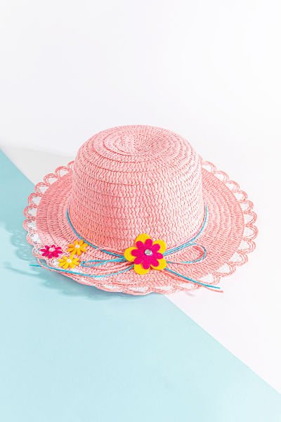 Çiçek Fiyonklu Kız Çocuk Hasır Şapka PEMBE - 6-12 Yaş