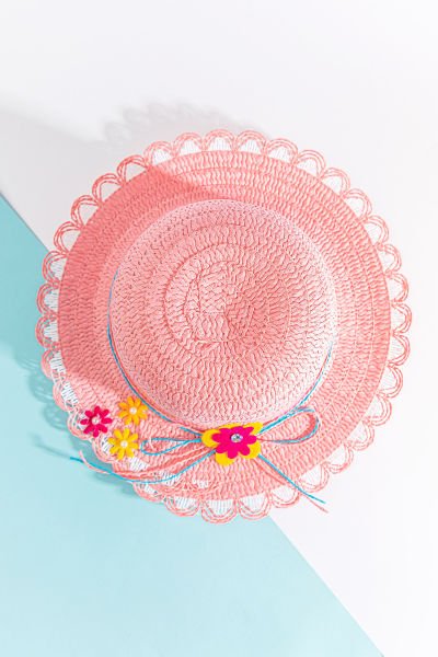 Çiçek Fiyonklu Kız Çocuk Hasır Şapka PEMBE - 6-12 Yaş