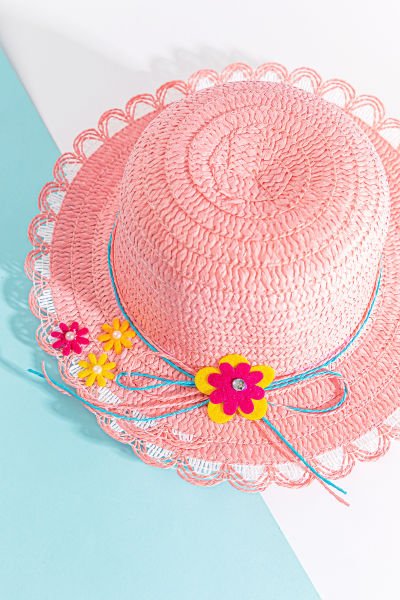 Çiçek Fiyonklu Kız Çocuk Hasır Şapka PEMBE - 6-12 Yaş