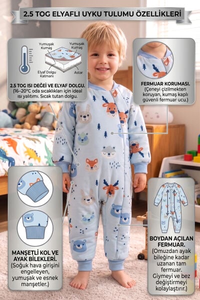 Ayıcık Desenli 2,5 Tog Elyaf Dolgulu Premium Kalite Kız Erkek Çocuk Uyku Tulumu