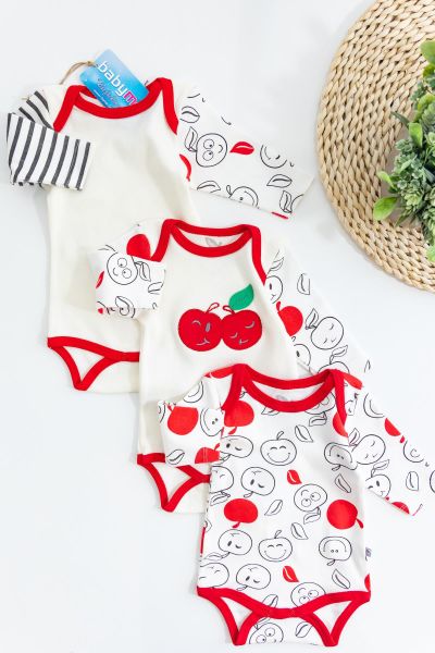 Elma Temalı Üçlü Bebek Çıt Çıtlı Body Takım