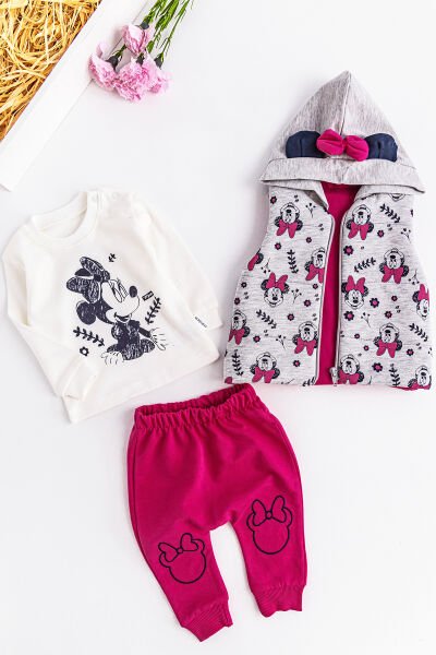 Minnie Mouse Figürlü Kapüşonlu Yelekli 3 Parça Kız Bebek Takım