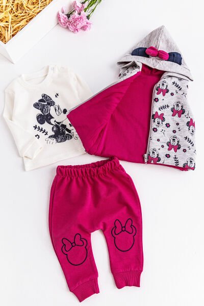 Minnie Mouse Figürlü Kapüşonlu Yelekli 3 Parça Kız Bebek Takım