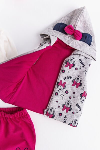 Minnie Mouse Figürlü Kapüşonlu Yelekli 3 Parça Kız Bebek Takım