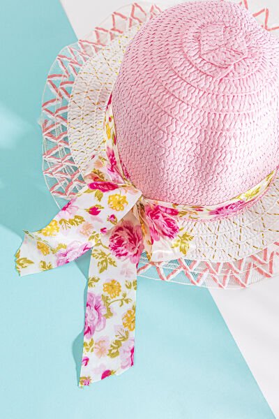 Fiyonklu Çiçekli Kız Çocuk Hasır Şapka PEMBE - 6-12 Yaş