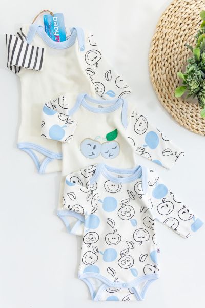 Elma Temalı Üçlü Erkek Bebek Çıt Çıtlı Body Takım