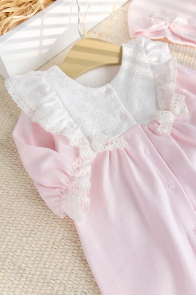 Dantel Süslemeli Pamuklu Kız Bebek tulum PEMBE -  0-3 AY