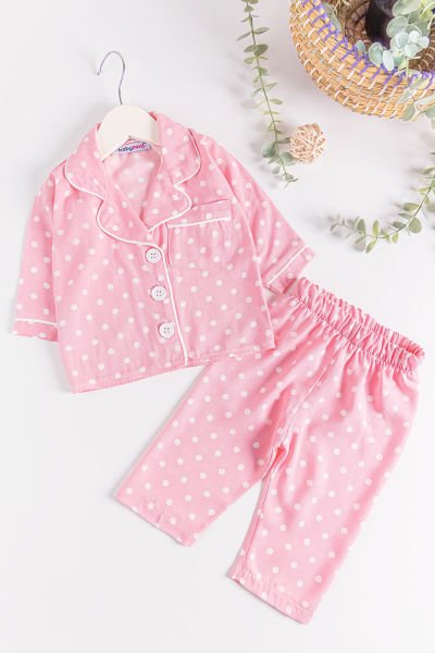 Puantiye Desenli Önden Düğmeli Kız Bebek Pijama Takımı PEMBE -  6-9 AY