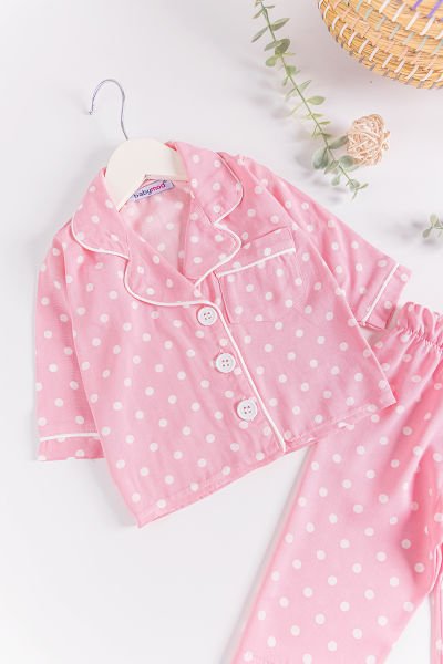 Puantiye Desenli Önden Düğmeli Kız Bebek Pijama Takımı PEMBE -  6-9 AY